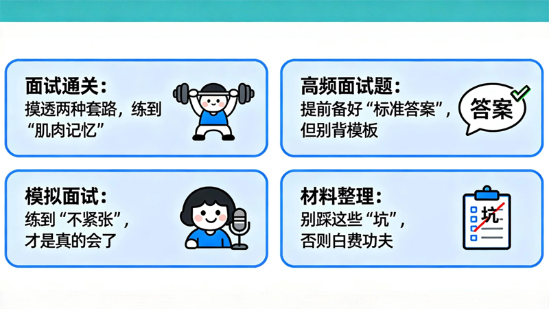 面试通关:摸透两种套路,练到 “肌肉记忆” 高频面试题:提前备好 “标准答案”,但别背模板 模拟面试:练到 “不紧张”,才是真的会了 材料整理:别踩这些 “坑”,否则白费功夫 面试通关:摸透两种套路,练到 “肌肉记忆” 高频面试题:提前备好 “标准答案”,但别背模板 模拟面试:练到 “不紧张”,才是真的会了 材料整理:别踩这些 “坑”,否则白费功夫